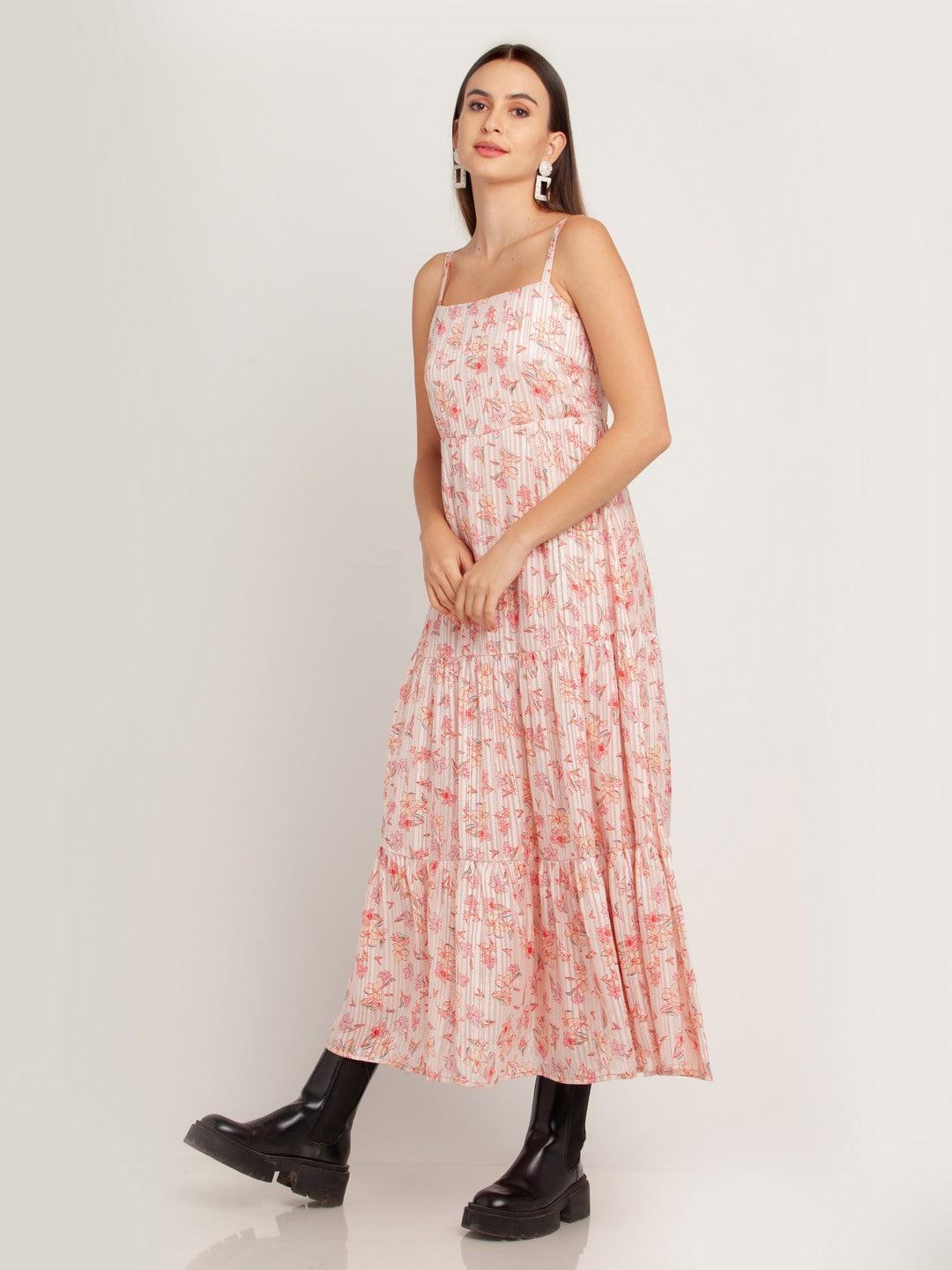 Pink Printed Tiered Maxi Dress