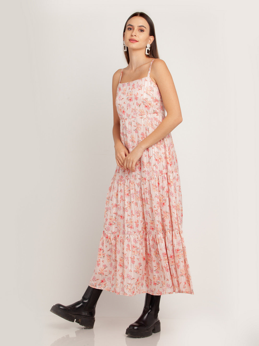 Pink Printed Tiered Maxi Dress For Women