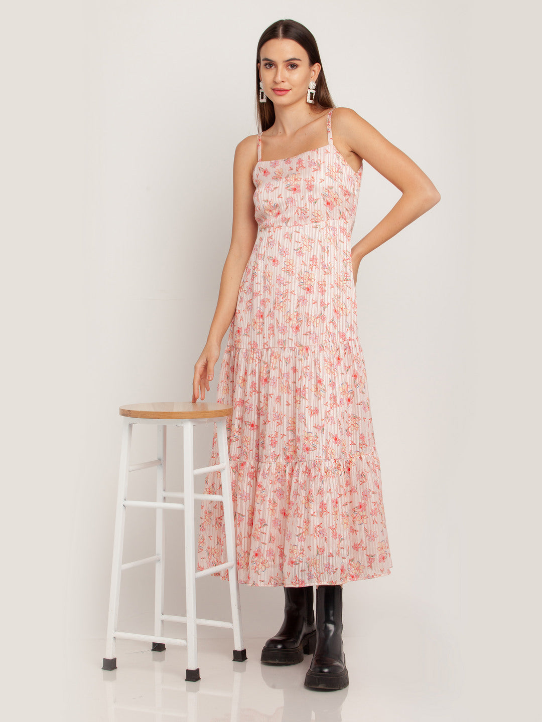 Pink Printed Tiered Maxi Dress