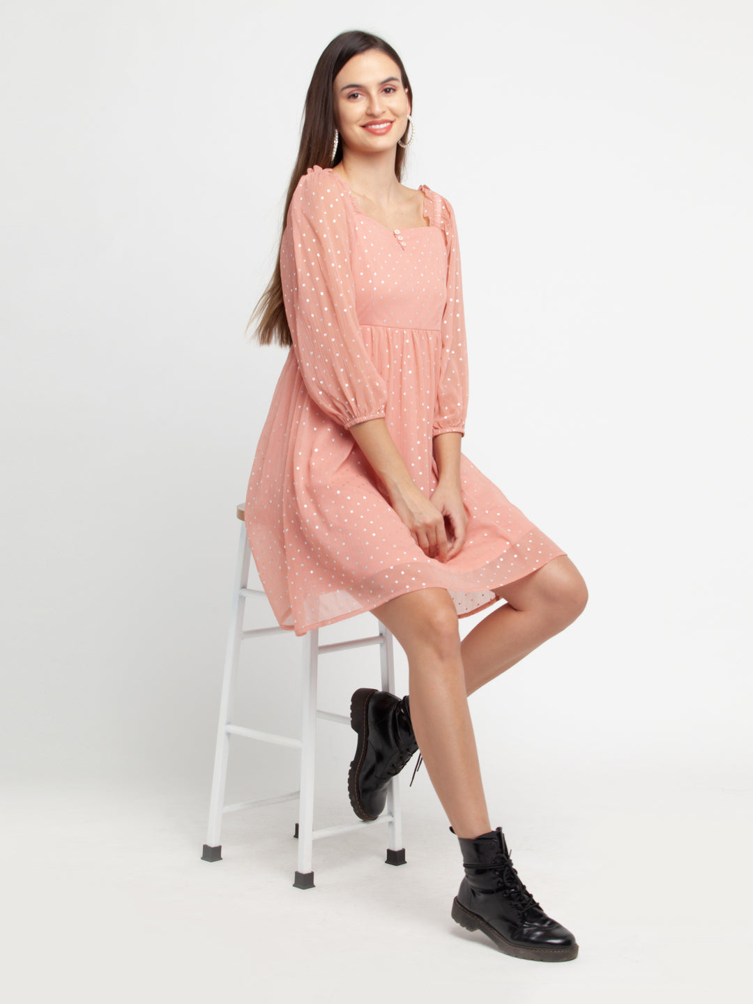 Pink Printed Puff Sleeve Short Dress