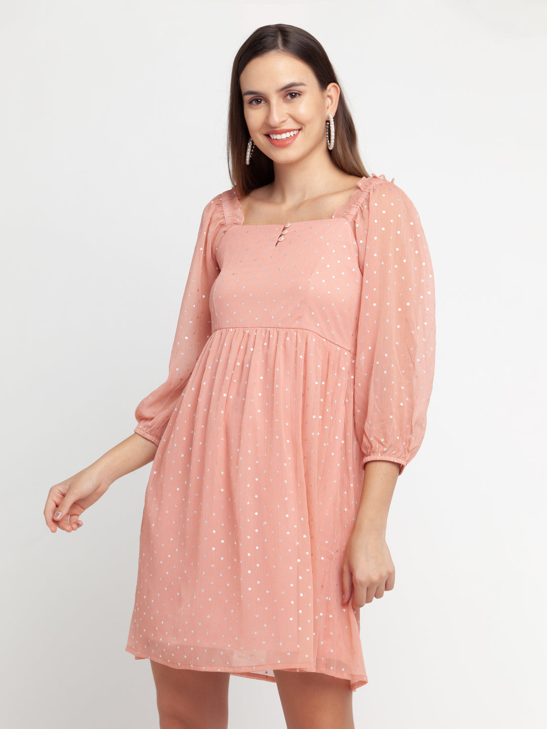 Pink Printed Puff Sleeve Short Dress For Women