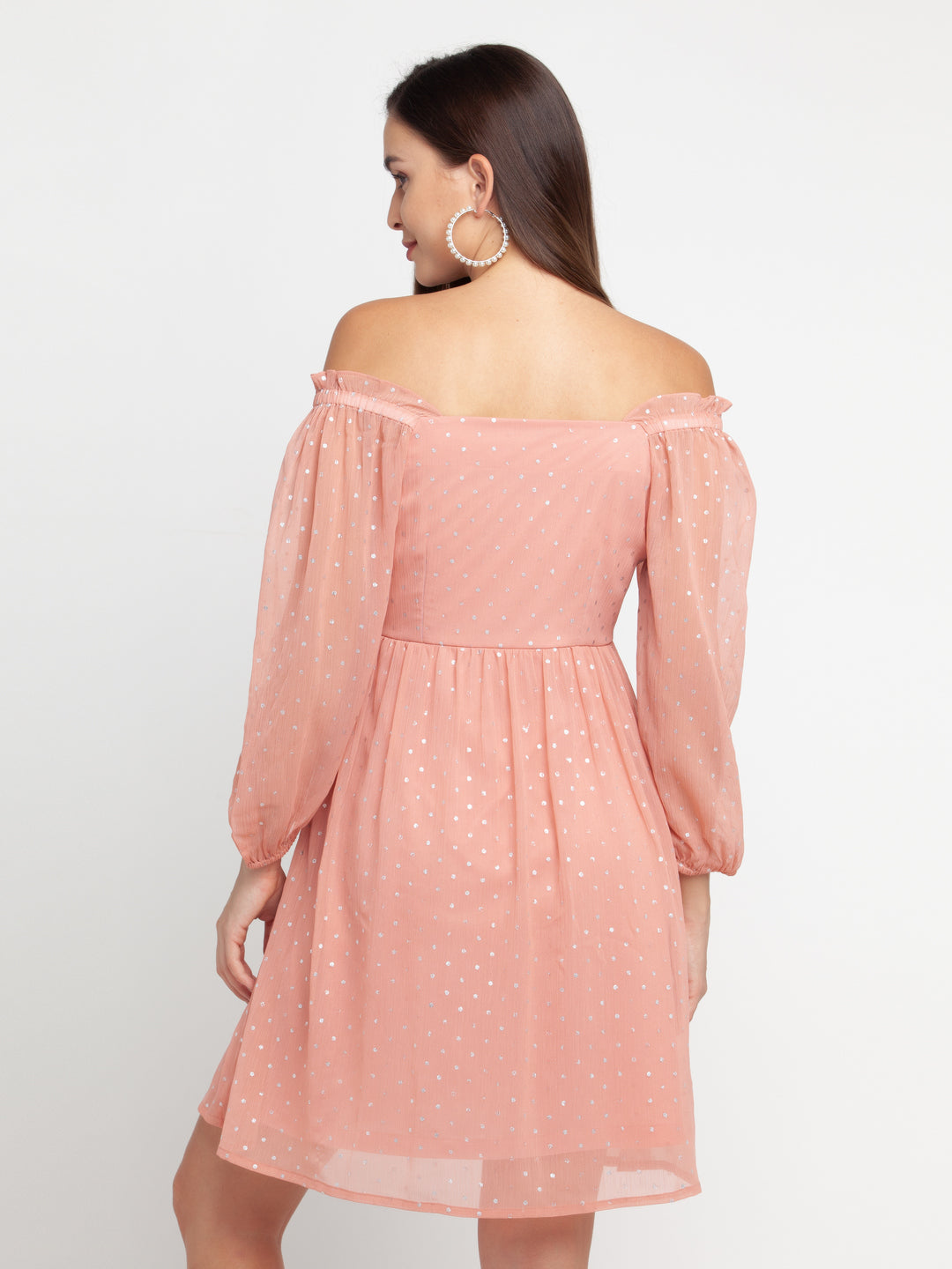 Pink Printed Puff Sleeve Short Dress For Women