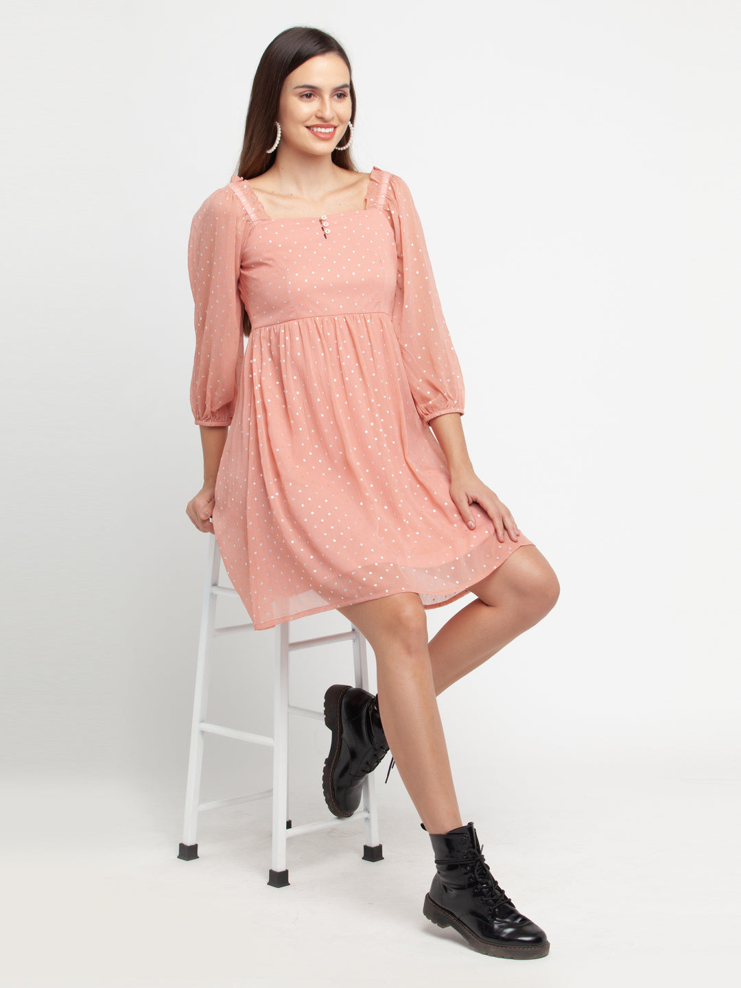 Pink Printed Puff Sleeve Short Dress