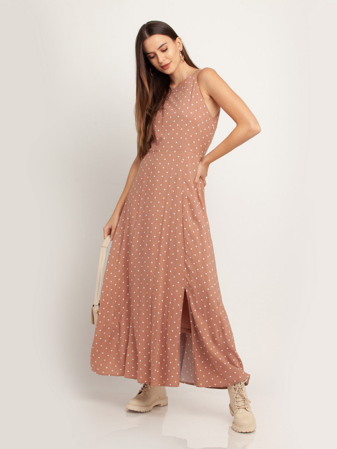 Beige Polka Maxi Dress