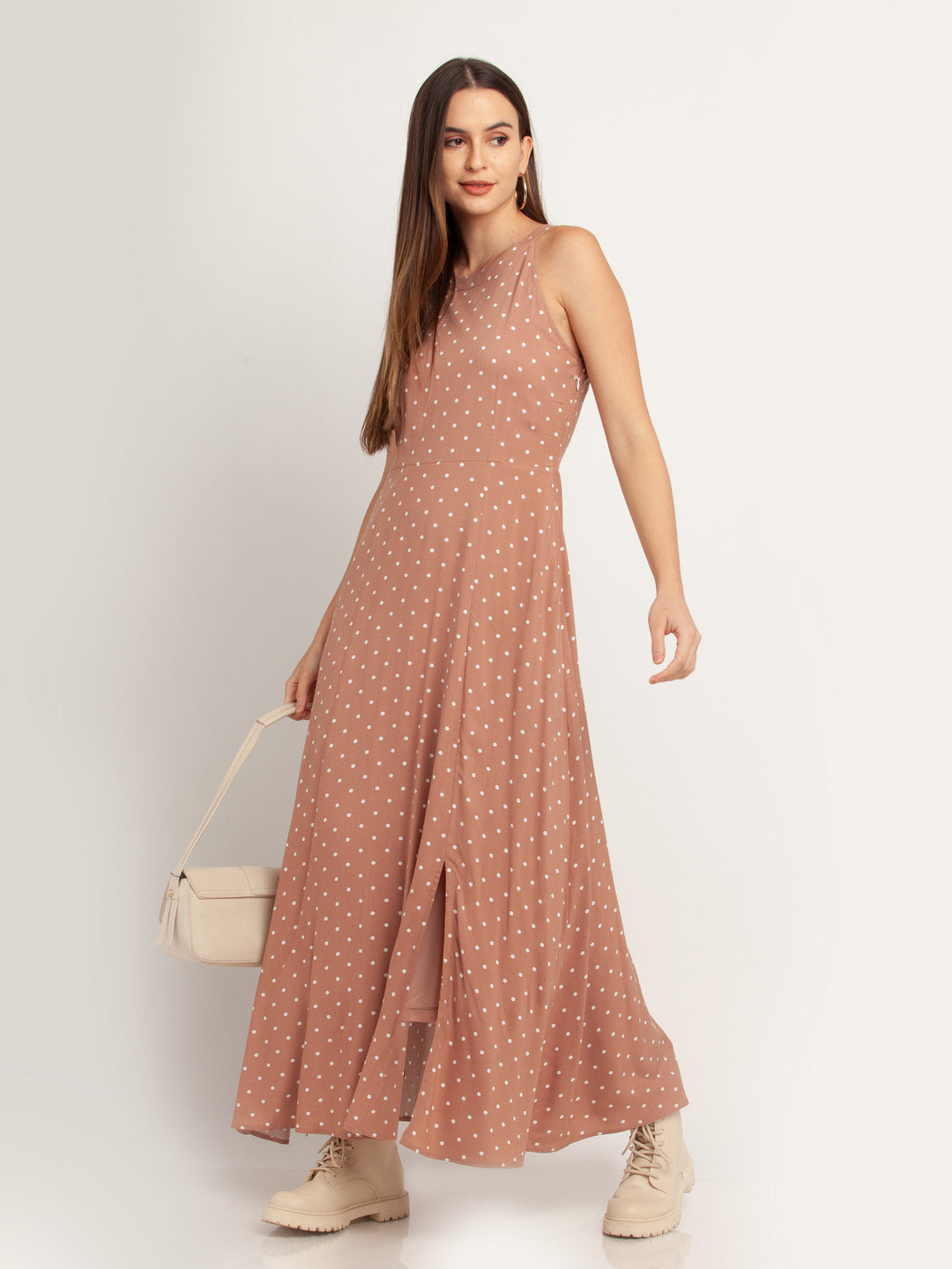 Beige Polka Maxi Dress