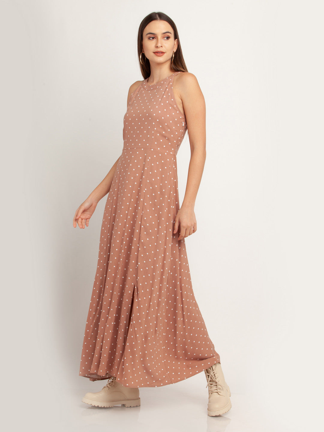 Beige Polka Maxi Dress