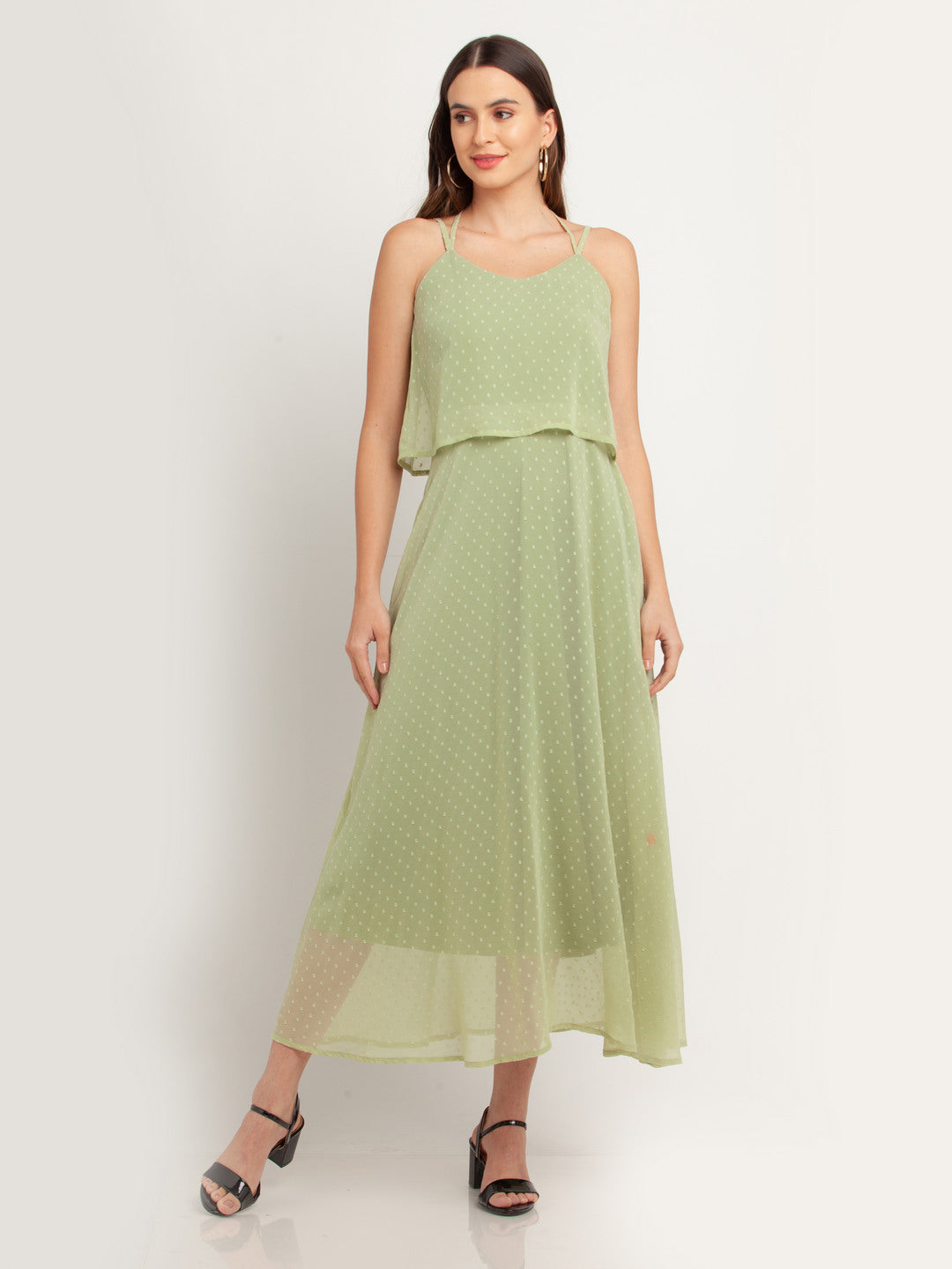 Green Solid Strappy Maxi Dress For Women