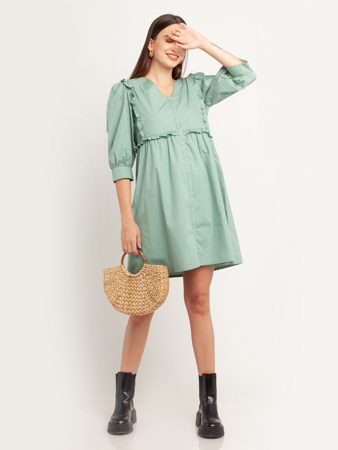 Green Solid Ruffled Short Dress