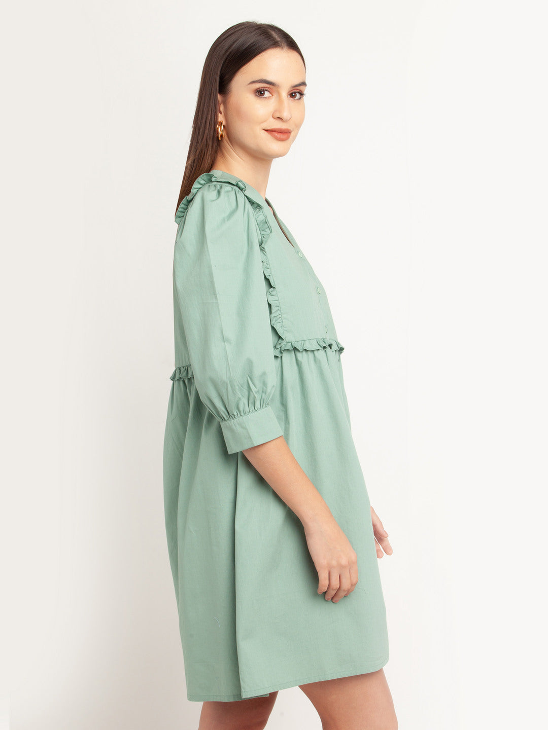 Green Solid Ruffled Short Dress