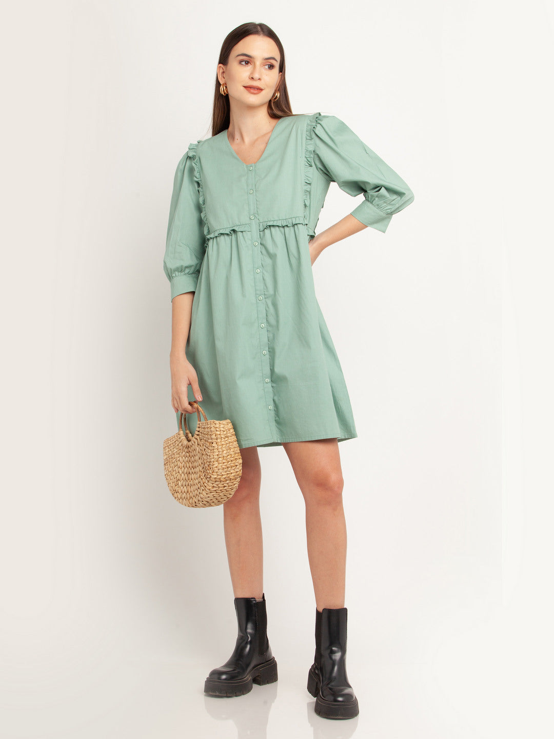 Green Solid Ruffled Short Dress