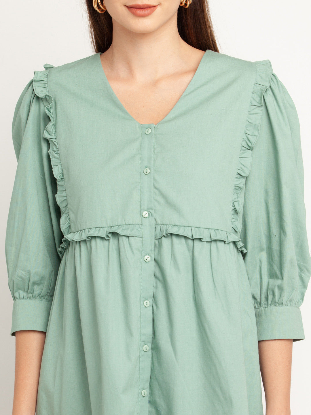 Green Solid Ruffled Short Dress