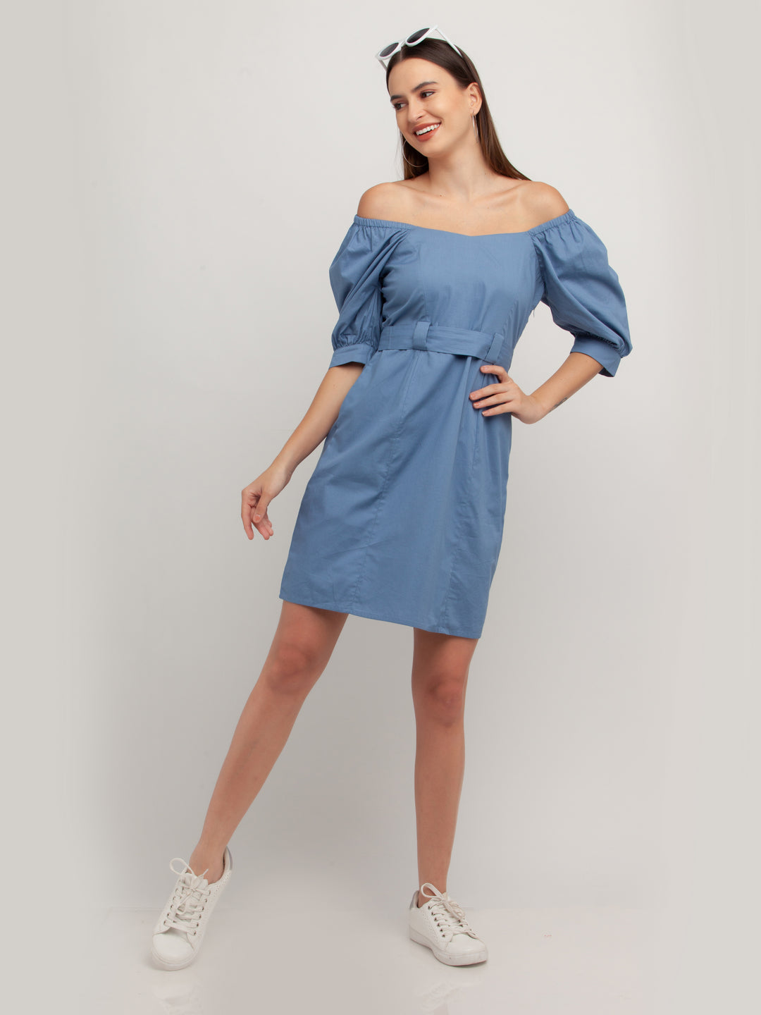Blue Solid Short Dress For Women