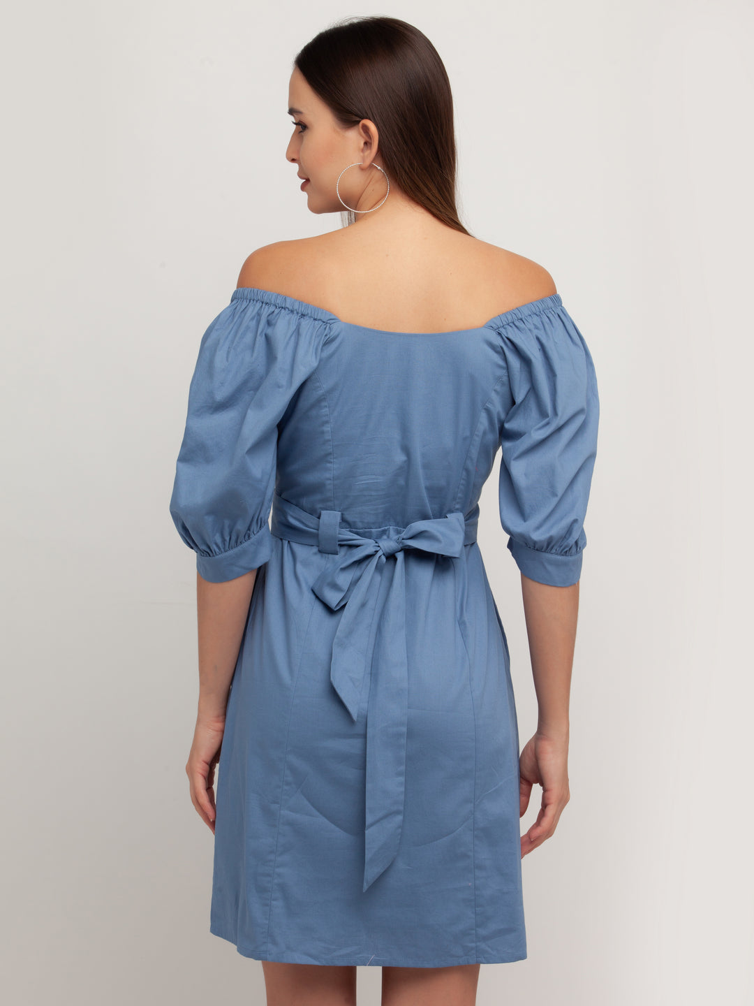 Blue Solid Short Dress For Women