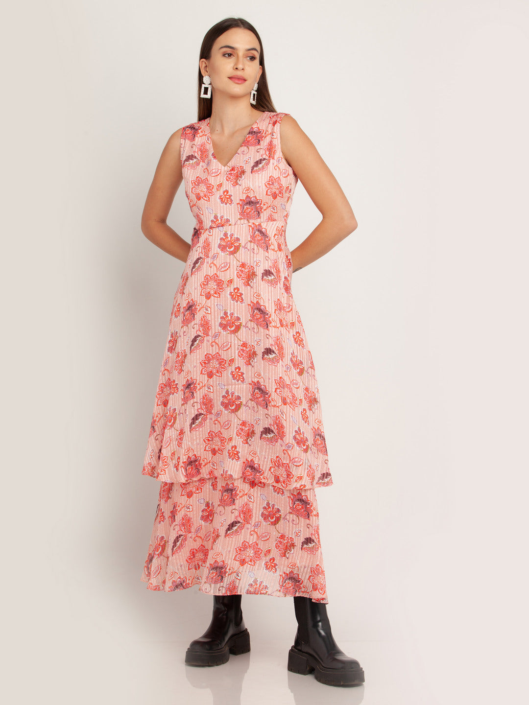 Peach Printed Tiered Maxi Dress For Women