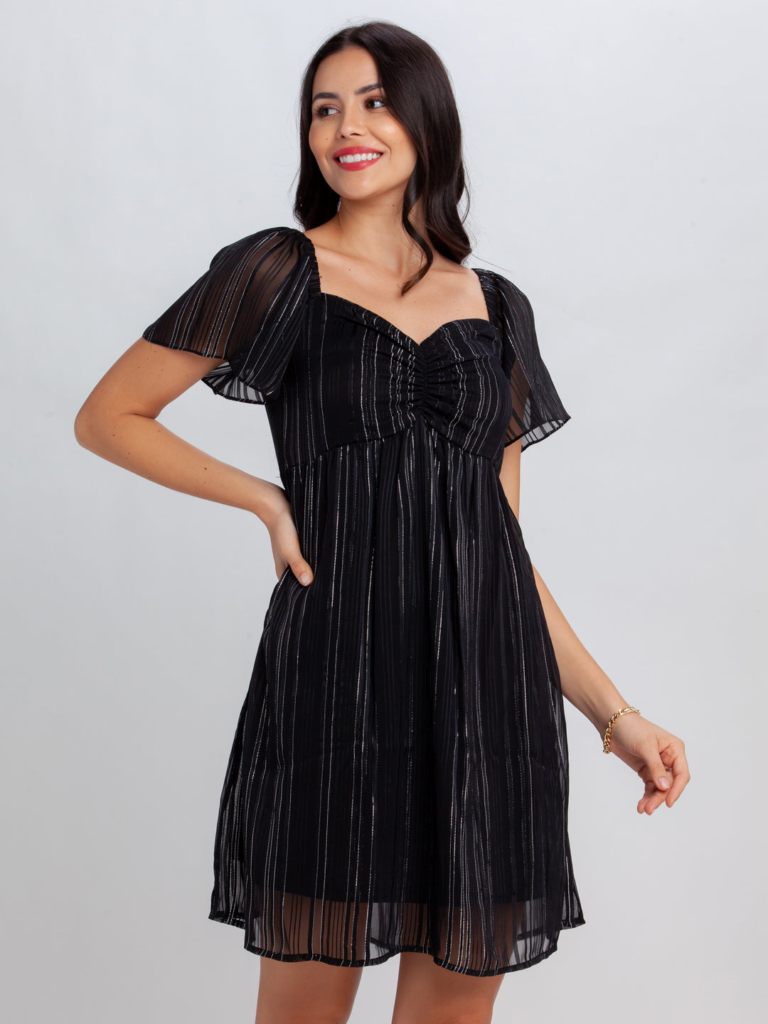 Black Striped Flared Sleeve Short Dress