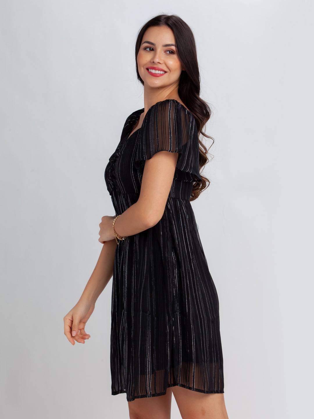 Black Striped Flared Sleeve Short Dress