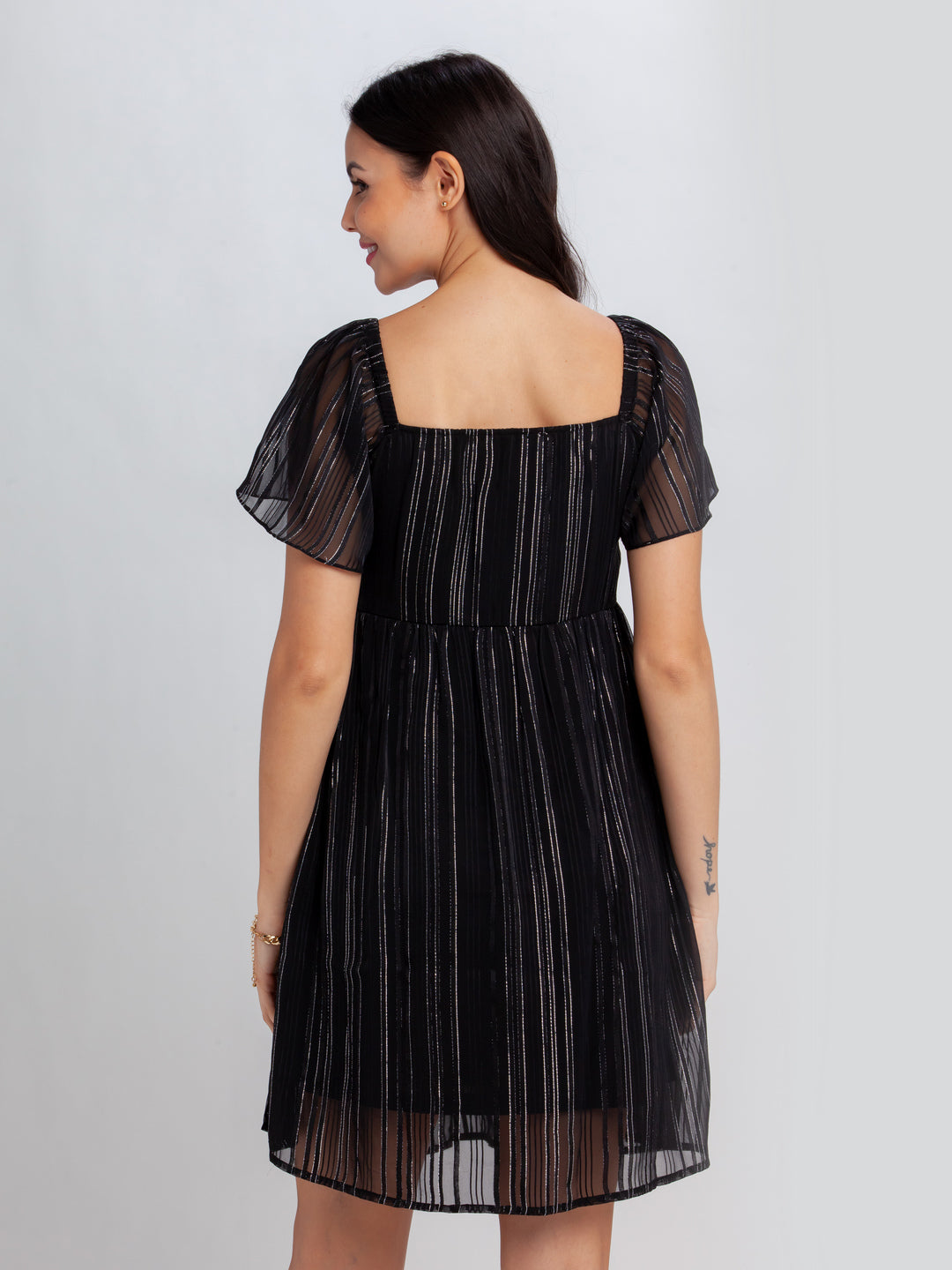 Women's Mustard Striped Flared Sleeve A-Line Dress