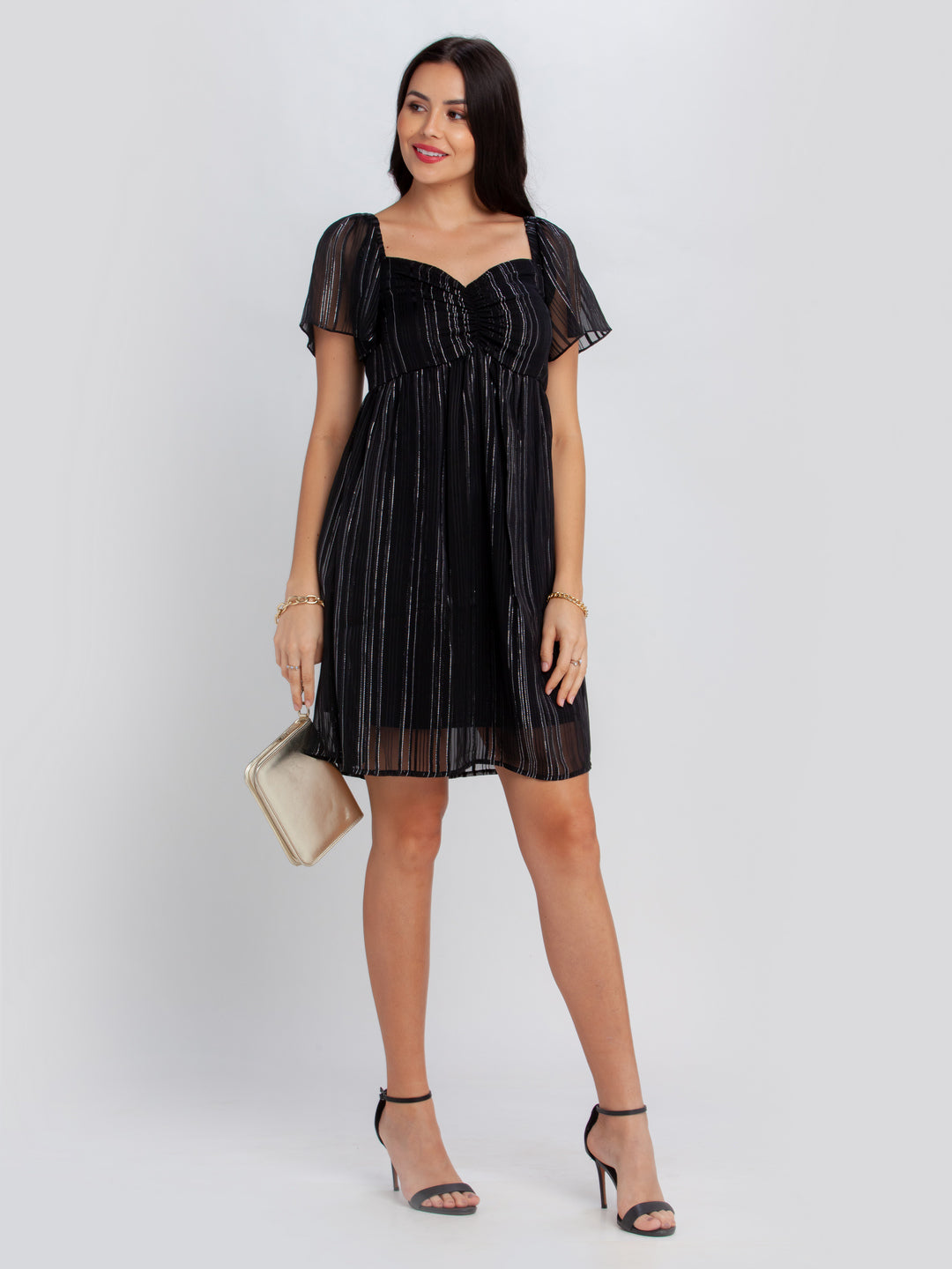 Black Striped Flared Sleeve Short Dress