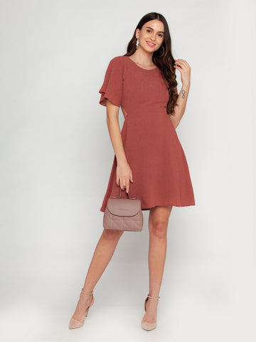 Pink Solid Flared Sleeve Short Dress For Women