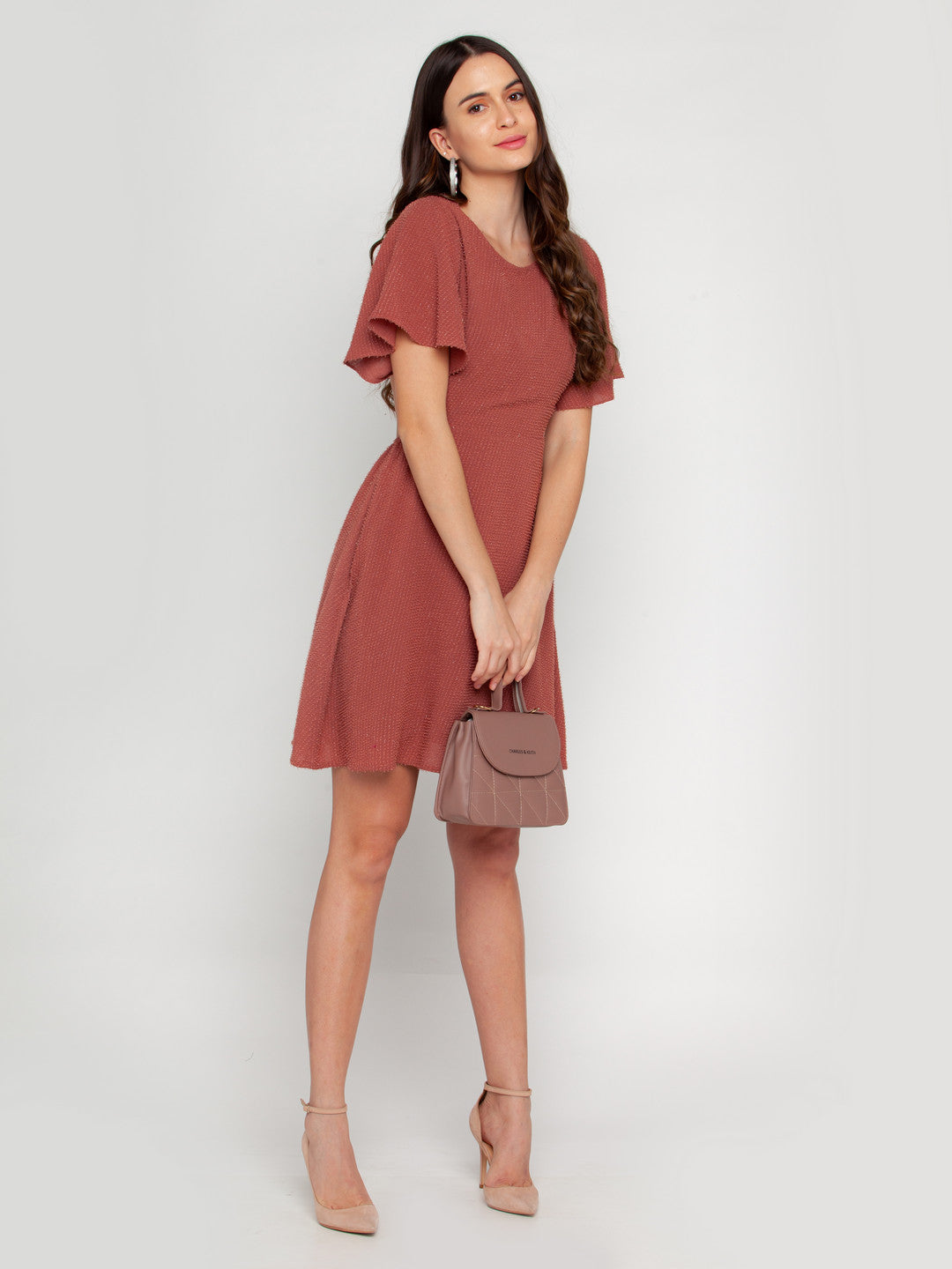 Pink Solid Flared Sleeve Short Dress For Women