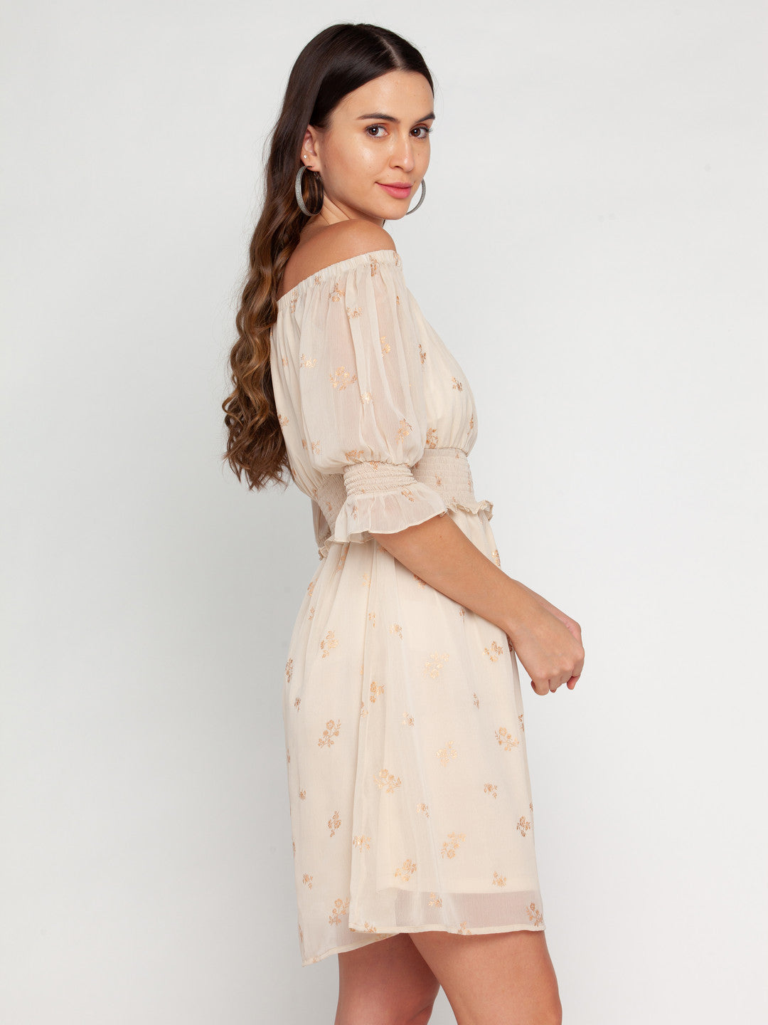 Beige Printed Off-shoulder Short Dress