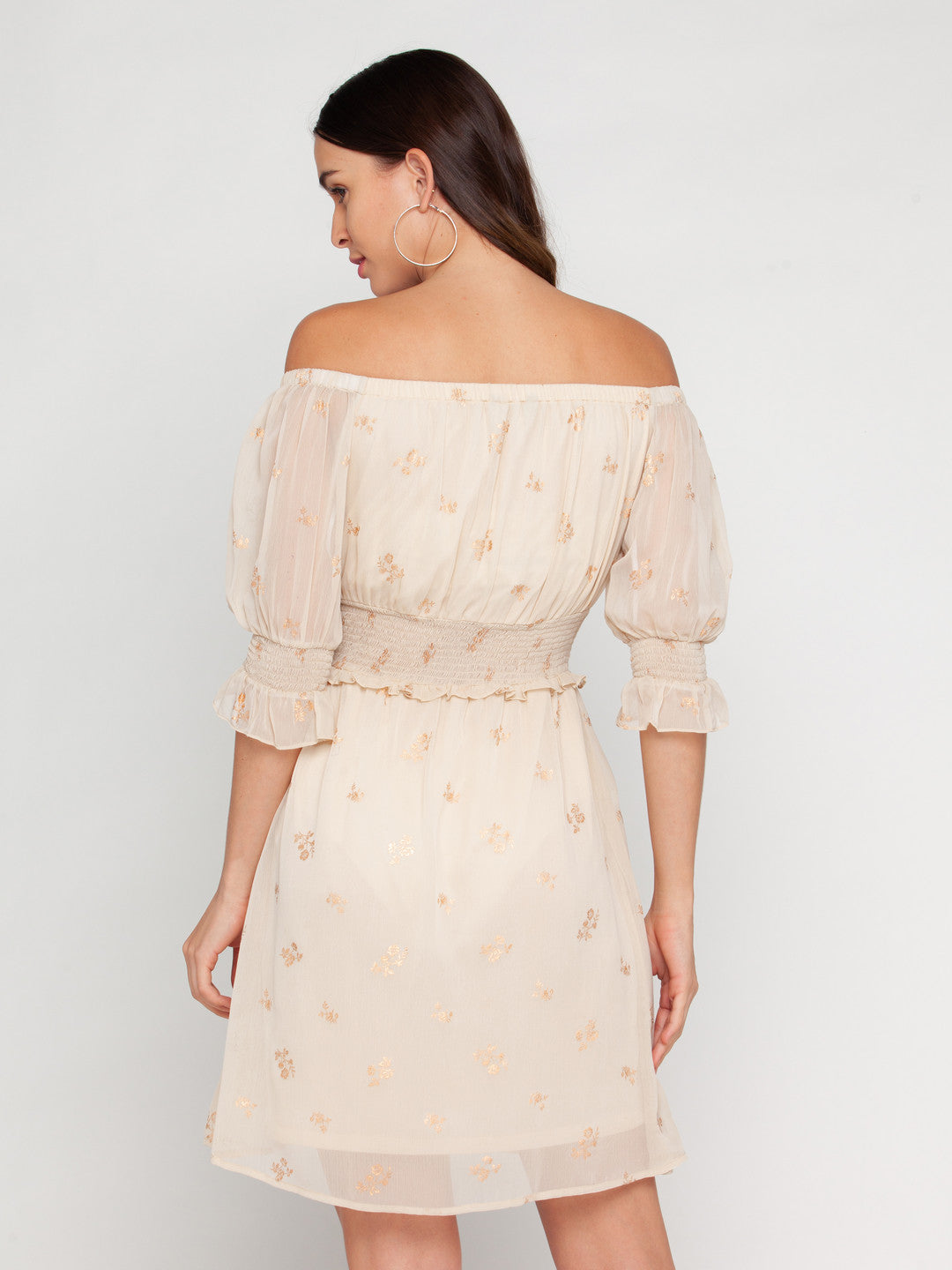 Beige Printed Offhoulder Short Dress For Women