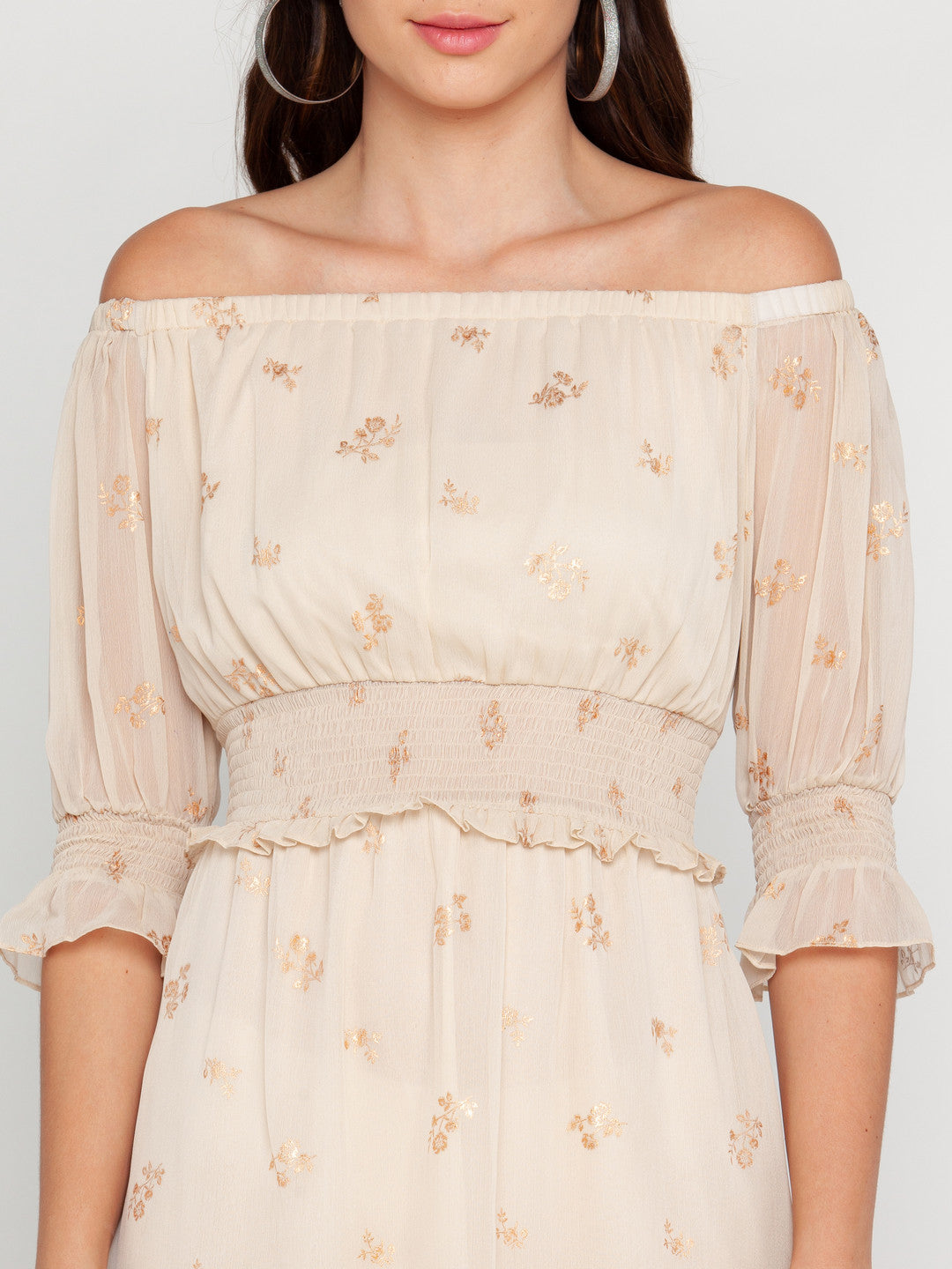Beige Printed Off-shoulder Short Dress