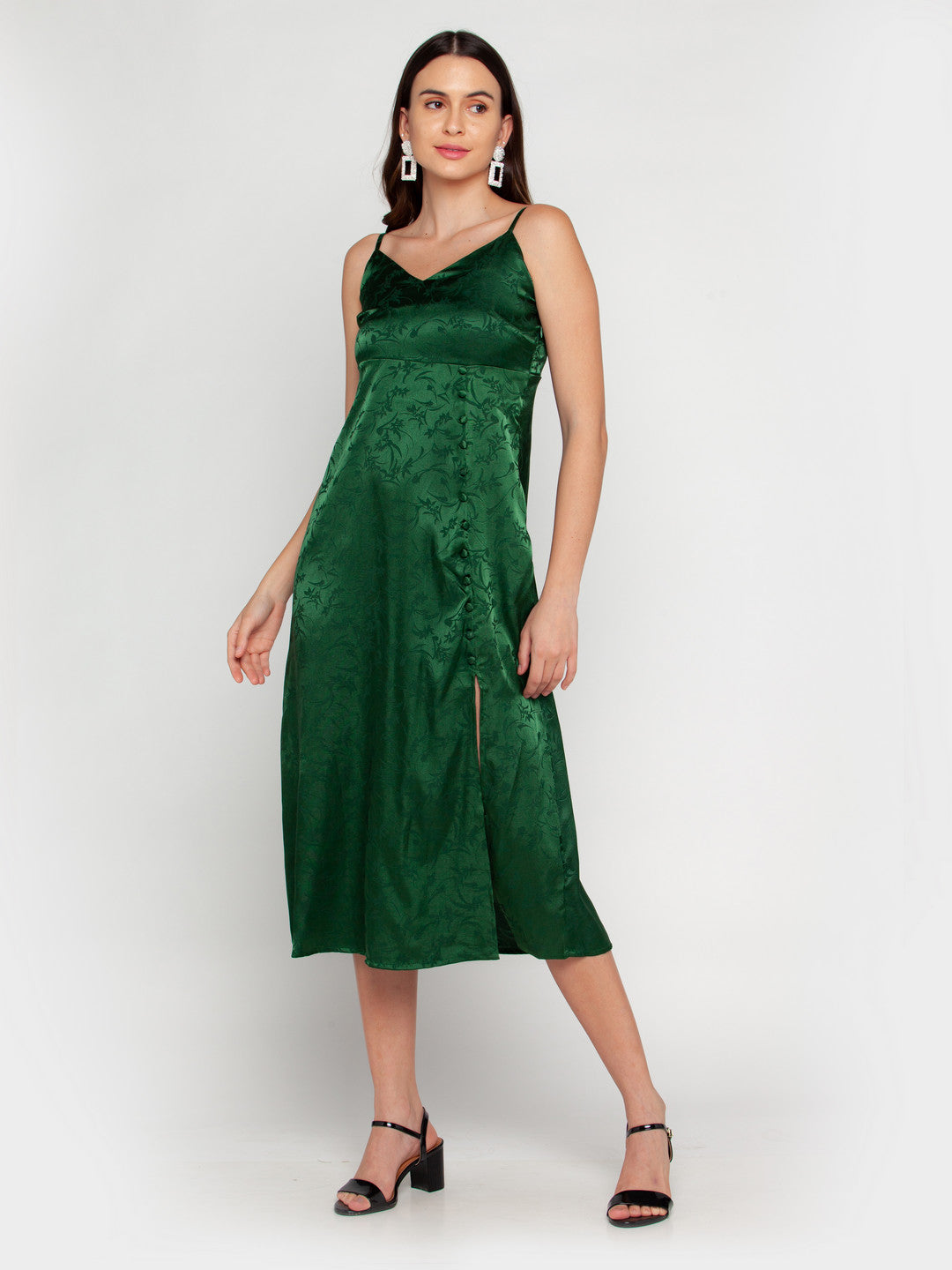 Green Self Design Midi Dress For Women