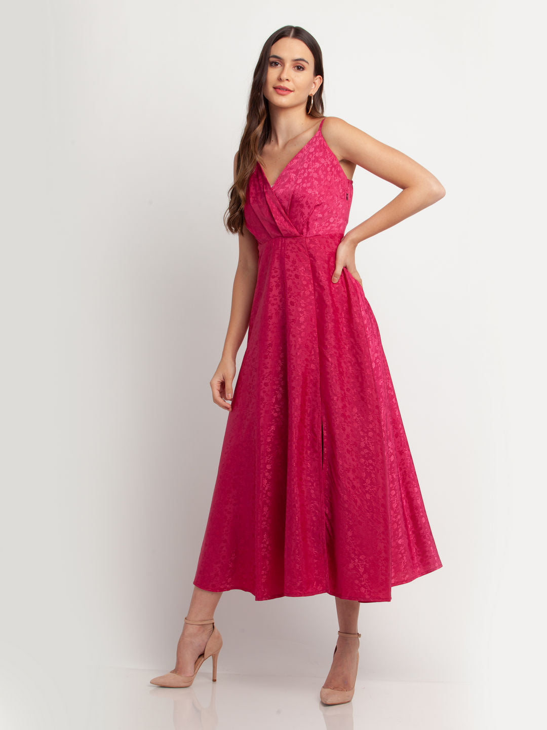 Pink Solid Pleated Maxi Dress