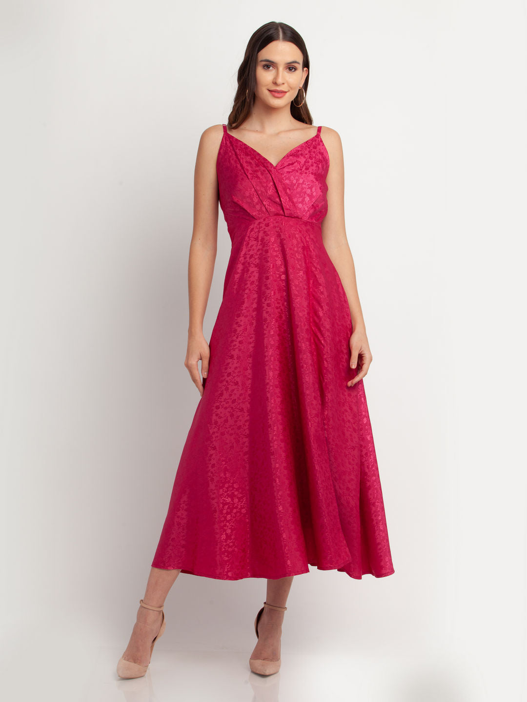 Pink Solid Pleated Maxi Dress