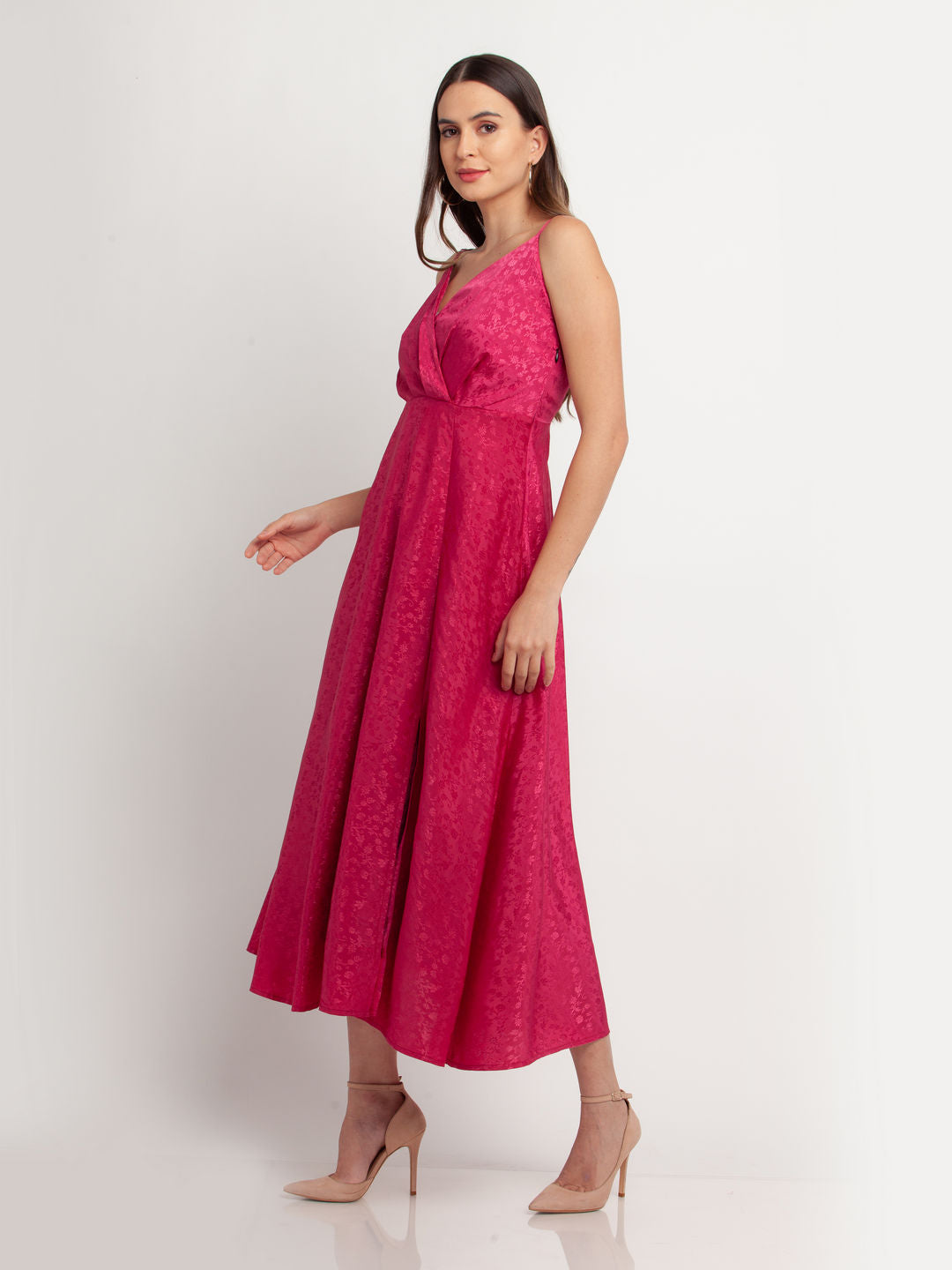 Pink Solid Pleated Maxi Dress