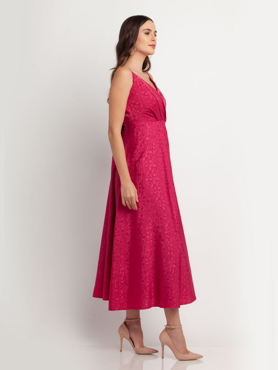 Pink Solid Pleated Maxi Dress