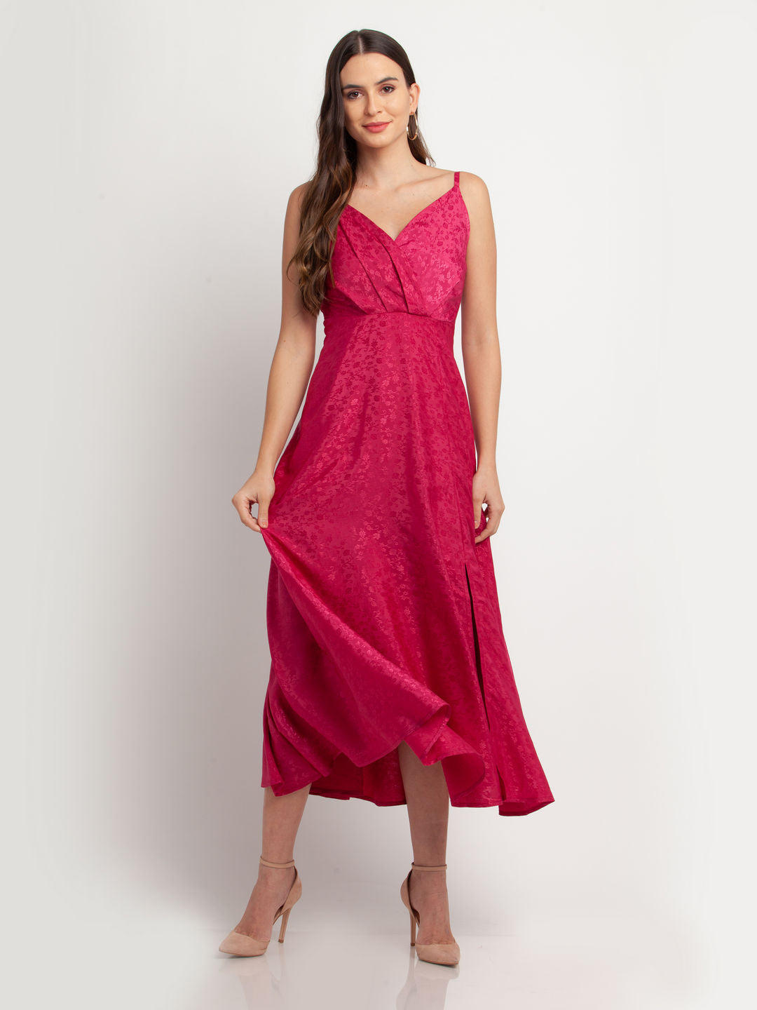 Pink Solid Pleated Maxi Dress