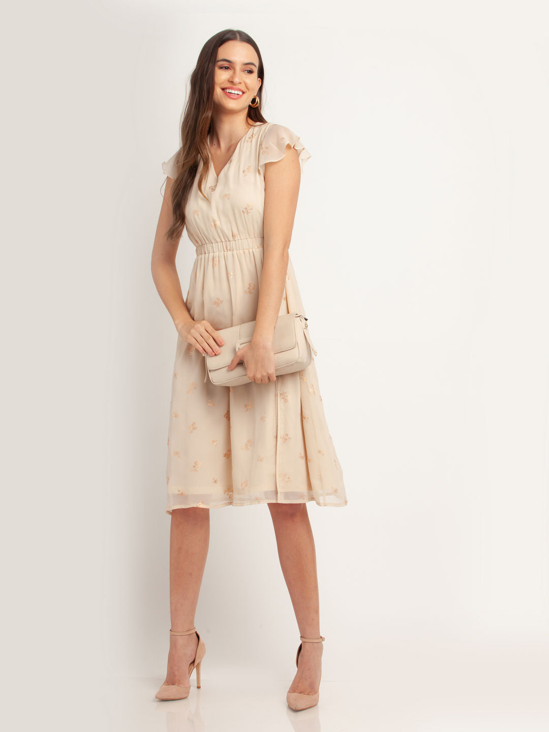 Beige Printed Ruffled Midi Dress