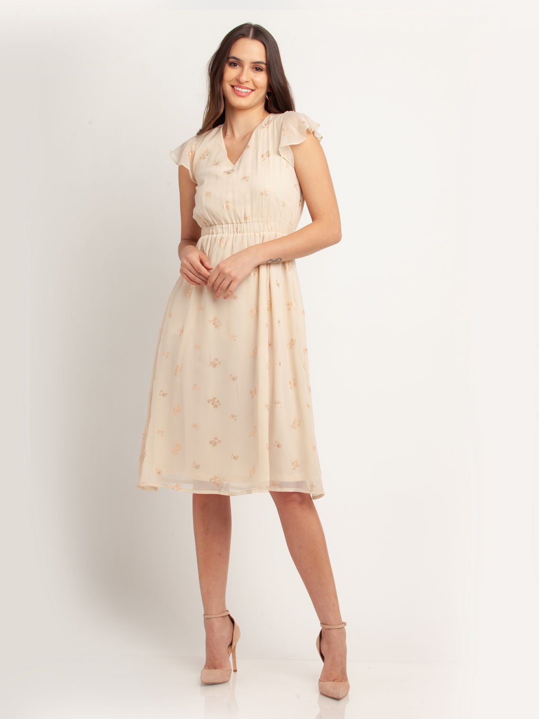 Beige Printed Ruffled Midi Dress