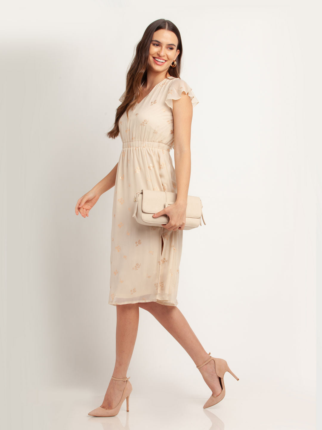 Beige Printed Ruffled Midi Dress