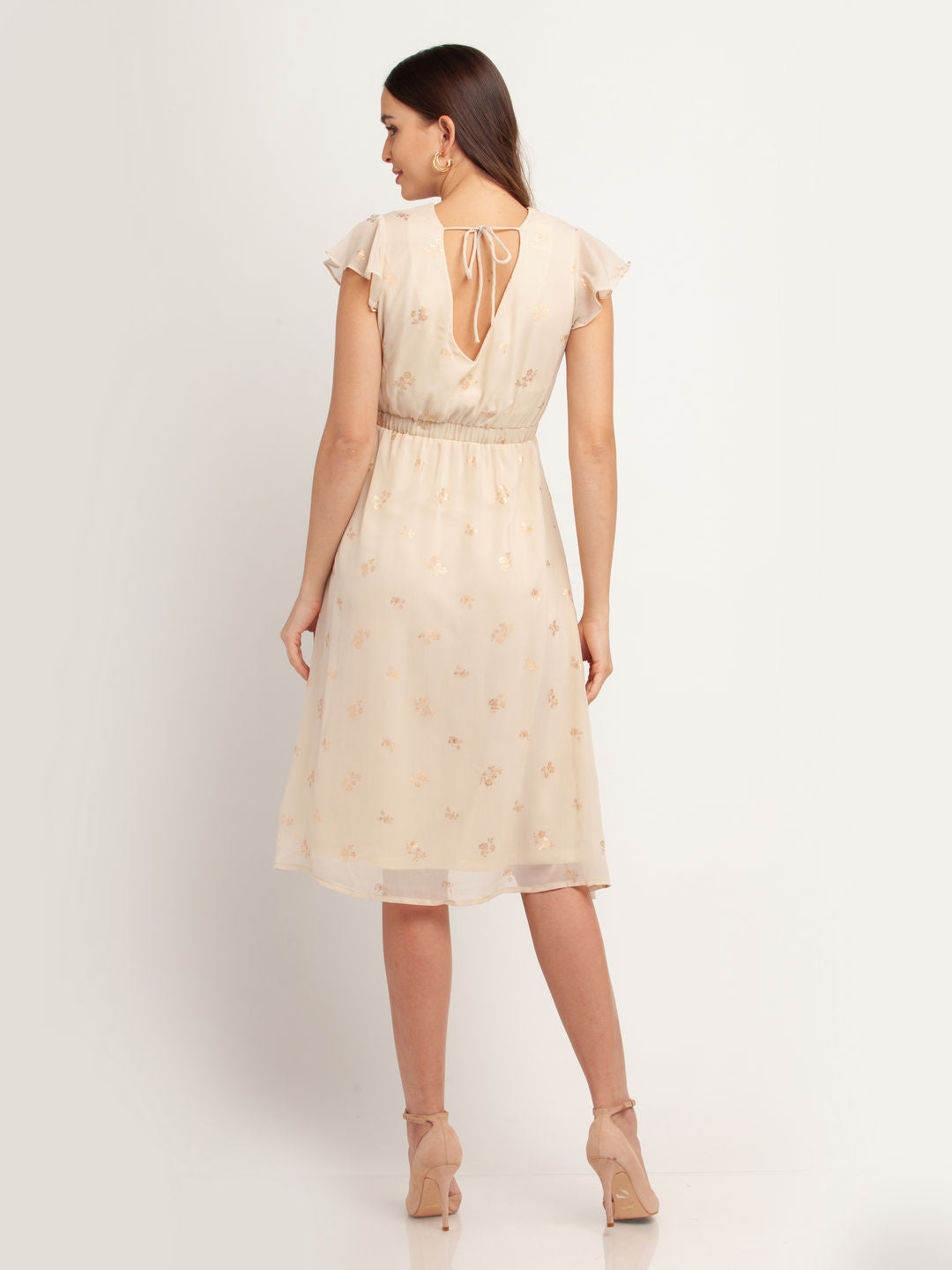 Beige Printed Ruffled Midi Dress