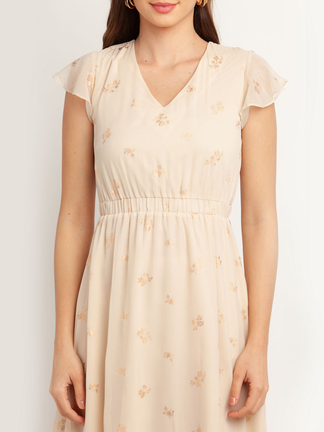 Beige Printed Ruffled Midi Dress