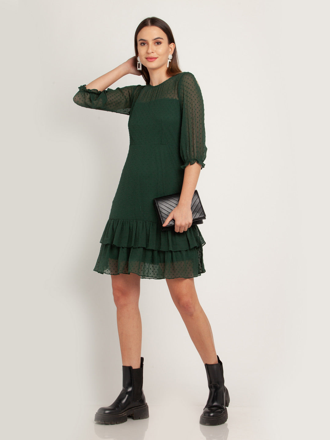 Green Solid Ruffled Short Dress