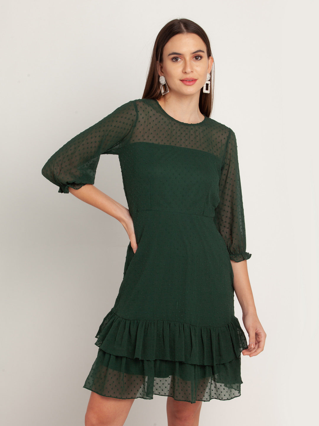 Green Solid Ruffled Short Dress