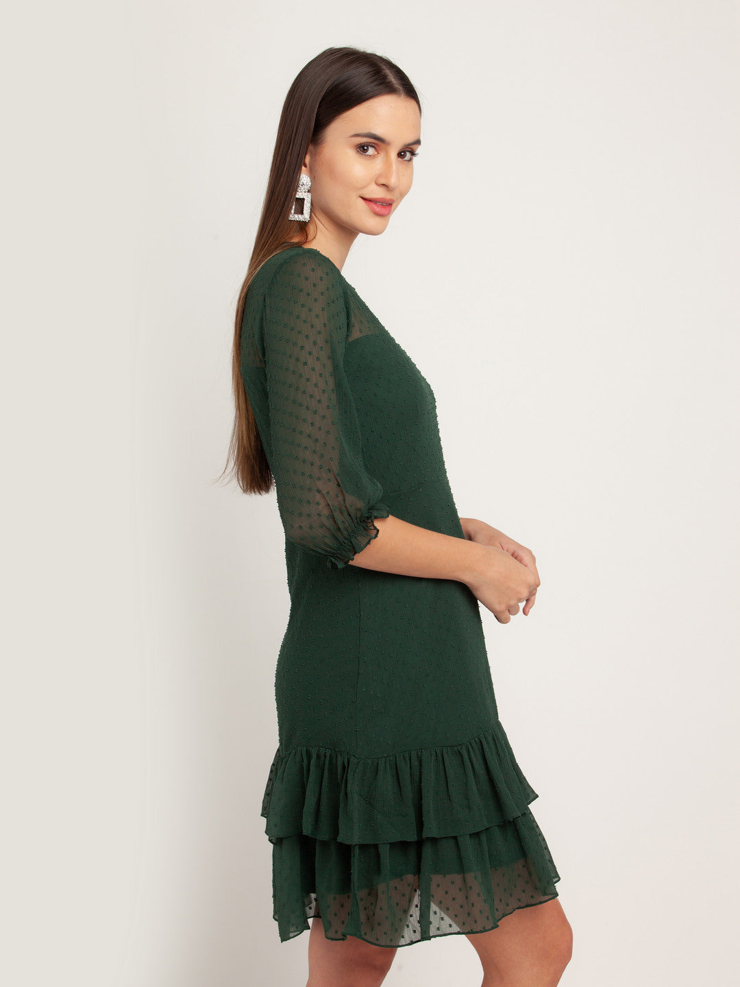 Green Solid Ruffled Short Dress