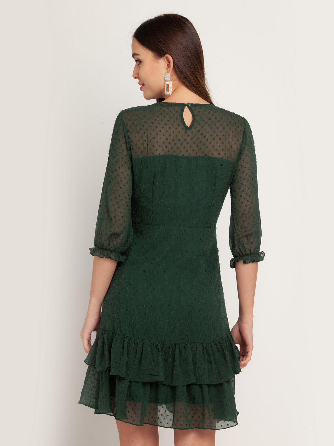 Green Solid Ruffled Short Dress