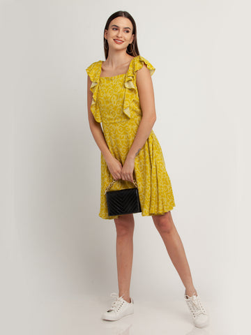 Yellow Printed Flared Sleeve Short Dress For Women