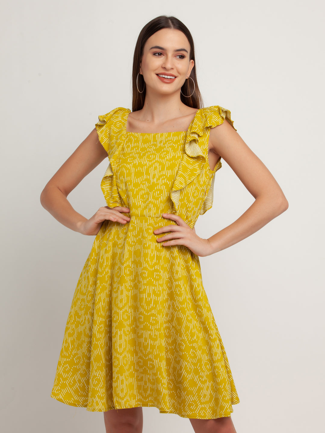 Yellow Printed Flared Sleeve Short Dress For Women