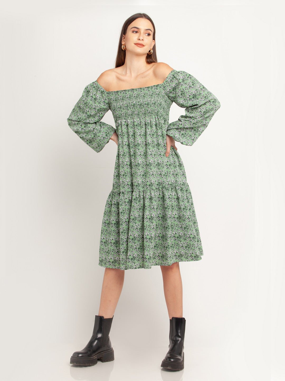Green Printed Elasticated Midi Dress For Women