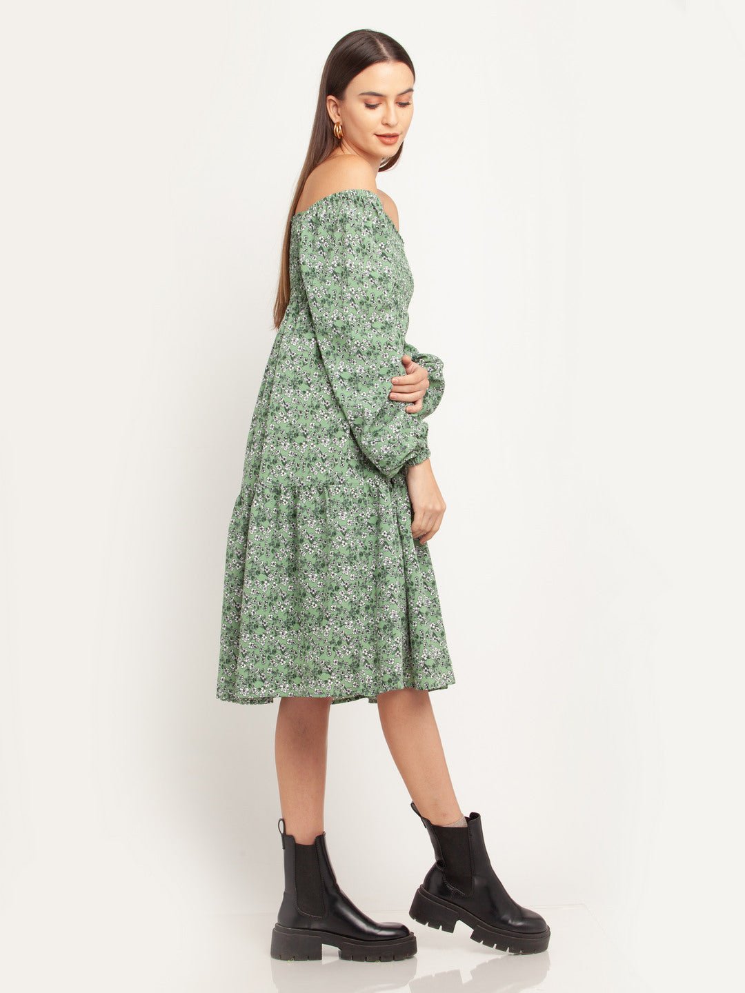 Green Printed Elasticated Midi Dress For Women