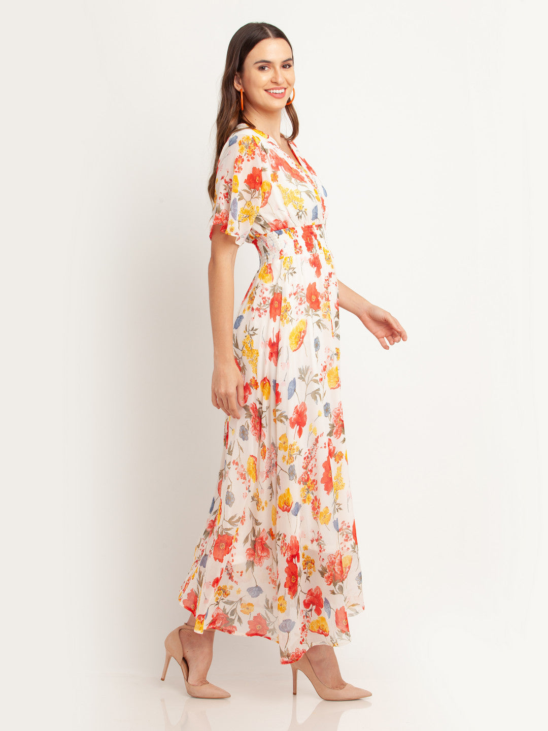 White Printed Elasticated Maxi Dress