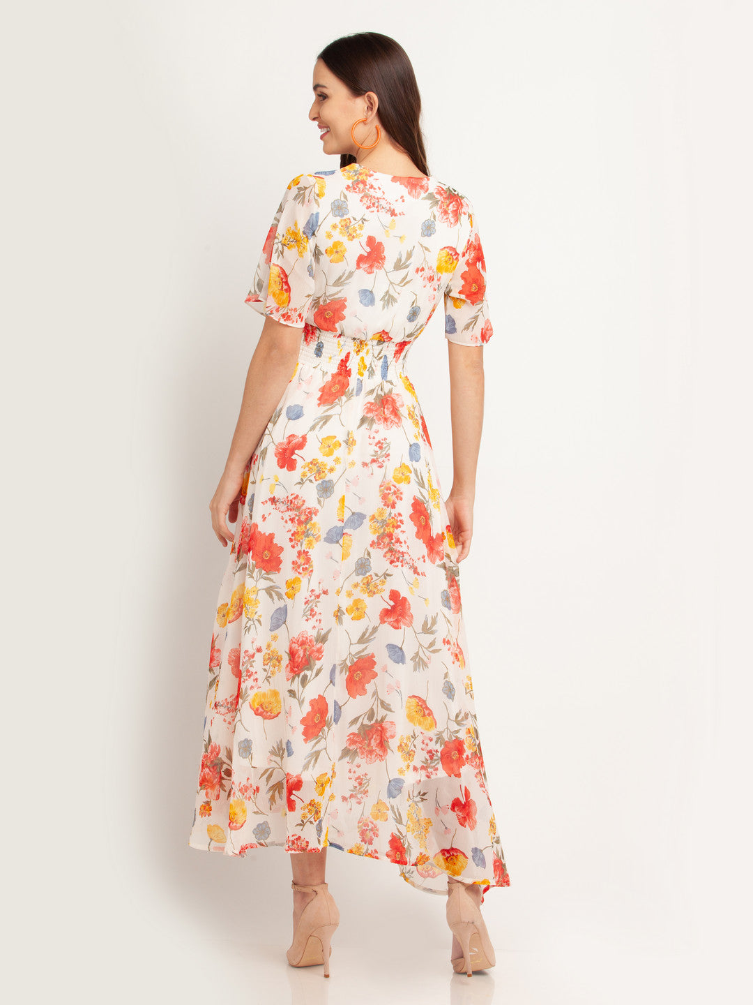 White Printed Elasticated Maxi Dress