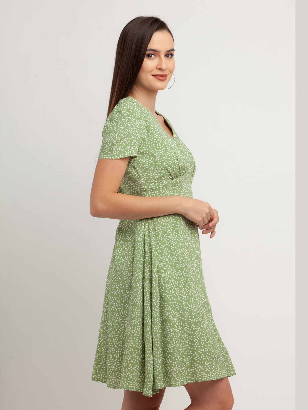 Green Printed Puff Sleeve Short Dress For Women