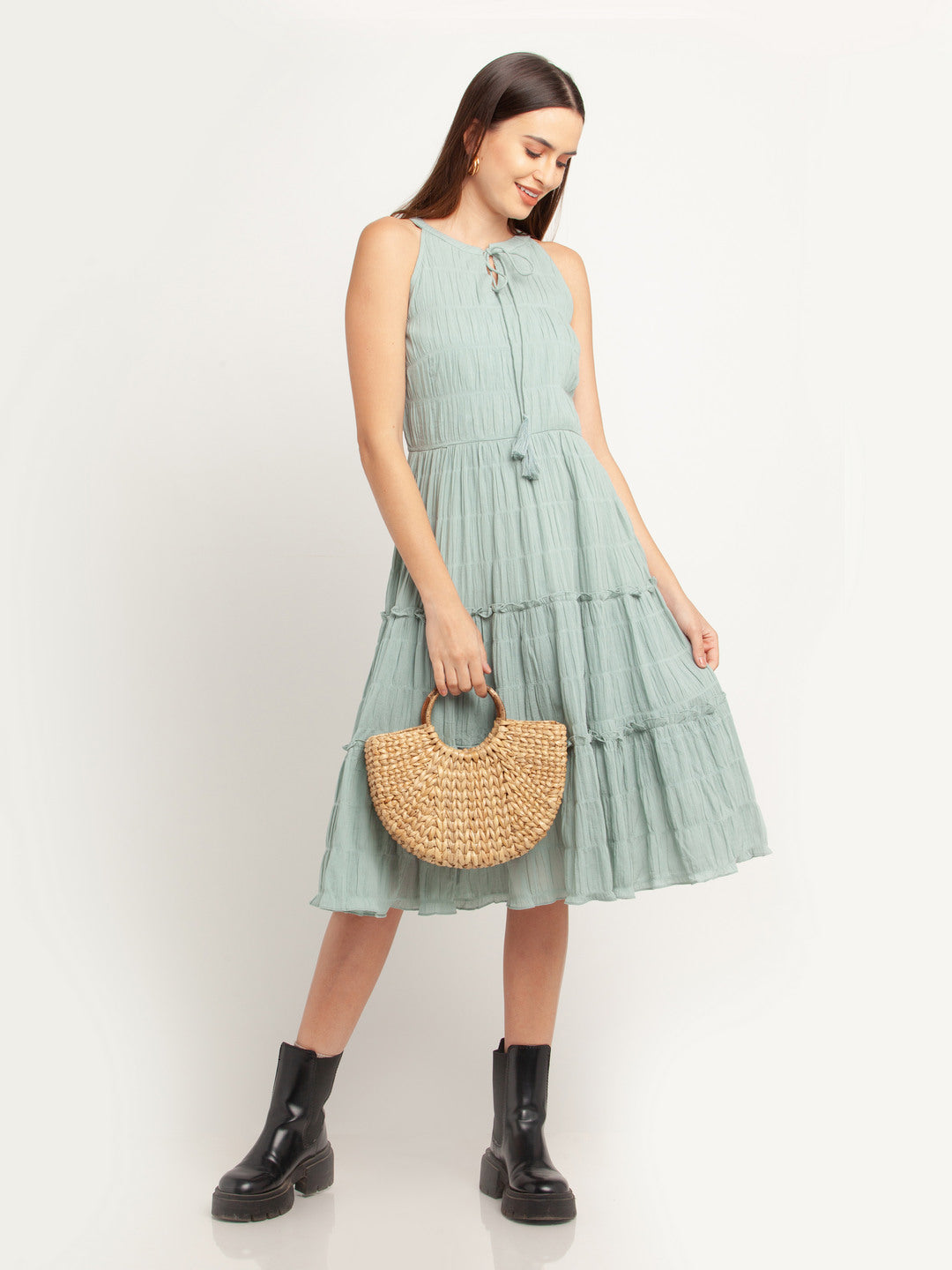 Green Solid Pleated Midi Dress